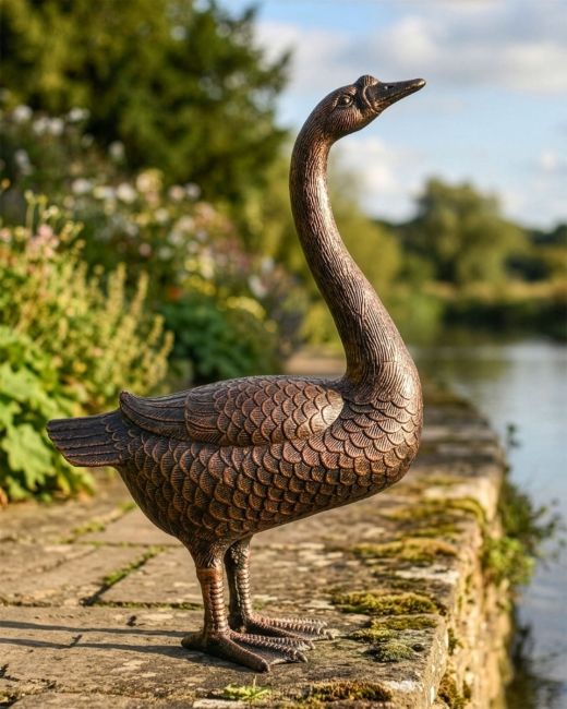 Cast Aluminum "Myles" Head Up Goose Garden Sculpture in Bronze Digital illustration