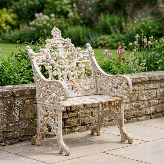 Cast Iron Gothic One Seat Bench in a Cream Finish Digital Illustration