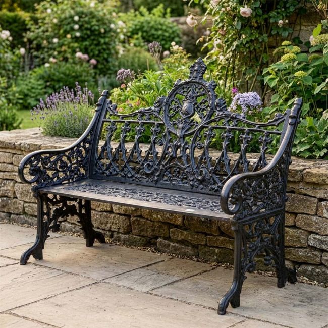 Cast Iron Gothic Two Seat Bench in a Black Finish