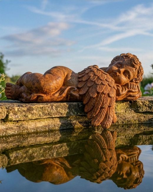Cast Iron Sleeping Cherub Garden Statue Digital Illustration