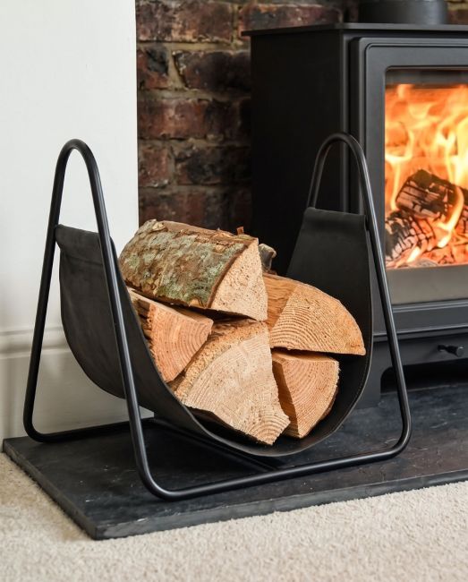Black Steel & Black Leather Log Holder Black Steel & Black Leather Log Holder