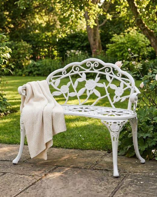 Classic White "Tri-Floral" Two Seater Garden Bench ai illustration