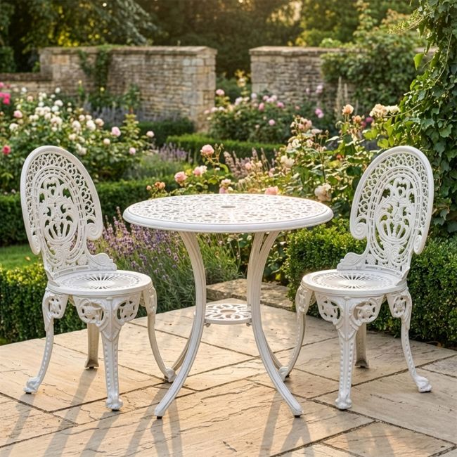 Cast Aluminium "Hamptons" White Two Seater Garden Table & Chair Set Cast Aluminium "Hamptons" White Two Seater Garden Table & Chair Set