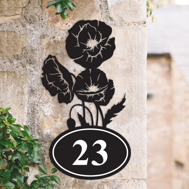 Cluster of Poppies Iron House Number Sign in Situ Cluster of Poppies Iron House Number Sign in Situ