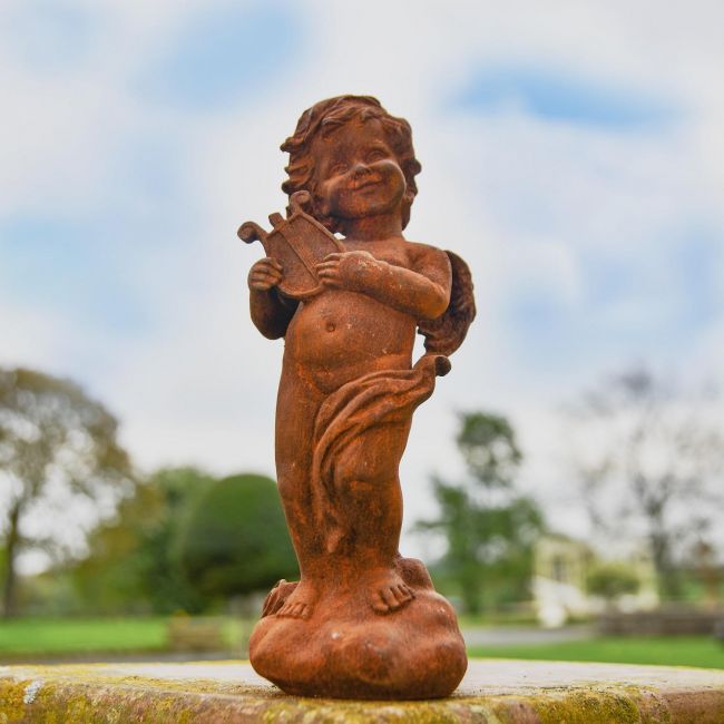 Winged Cherub with Harp Cast Iron Sculpture  Winged Cherub with Harp Cast Iron Sculpture