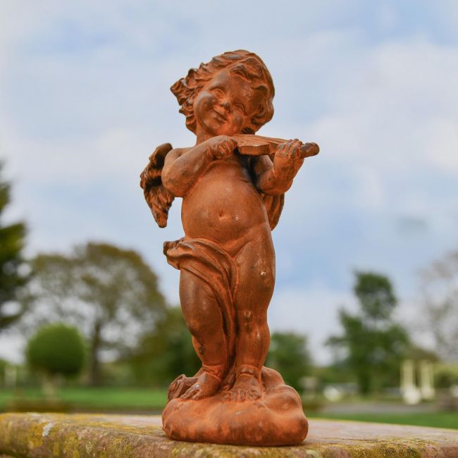 Rustic Cast Iron Winged Cherub with Violin Sculpture