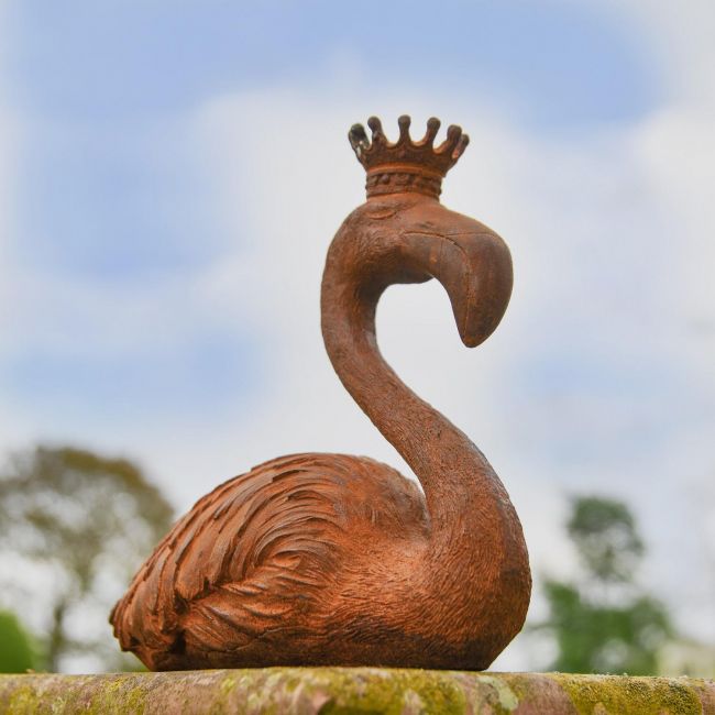 Rustic Cast Iron Flamingo with Crown Sculpture  Rustic Cast Iron Flamingo with Crown Sculpture