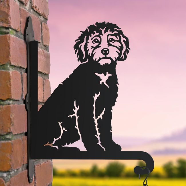 Cockapoo hanging basket bracket at dusk Cockapoo hanging basket bracket at dusk