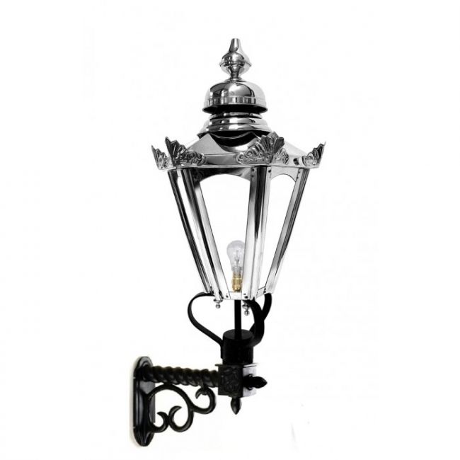 Stainless Steel Hexagonal Concordia Lantern on an Ornate Royale Bracket Stainless Steel Hexagonal Concordia Lantern on an Ornate Royale Bracket