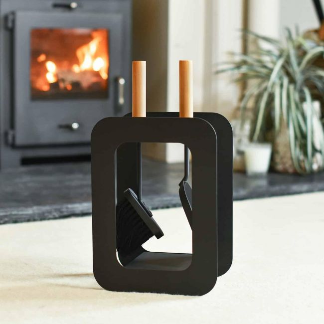 Contemporary Sleek Black "Duplex" Two Piece Companion Set with Wooden Handles Contemporary Sleek Black "Duplex" Two Piece Companion Set with Wooden Handles