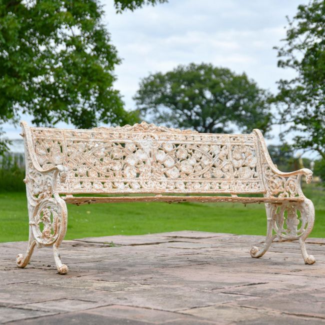 Antique Cream Cast Iron Leaf Scroll Bench Antique Cream Cast Iron Leaf Scroll Bench