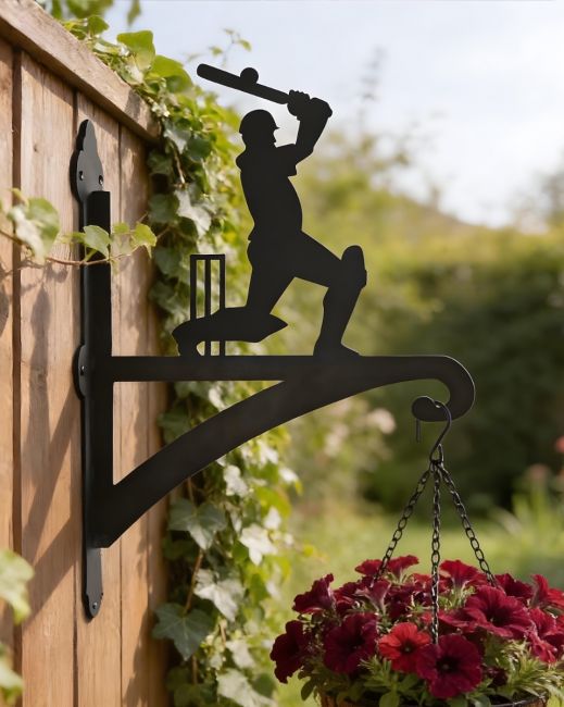 Digital representation of Cricket Player Iron Hanging Basket Bracket mounted on wooden fence