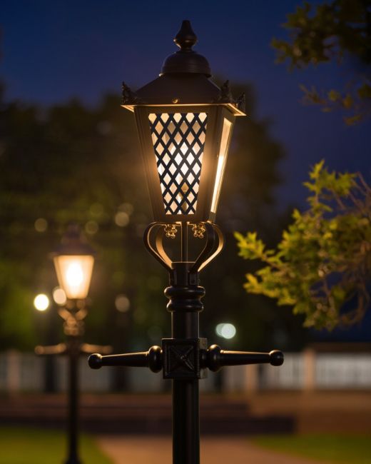 Custom Diamond Lattice Design Victorian Garden Lamp Post Positioned on a Garden Pathway