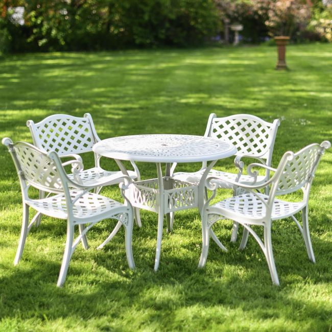 Deluxe “Aether” Outdoor Four Seater Garden Table & Chair Set in White Deluxe “Aether” Outdoor Four Seater Garden Table & Chair Set in White