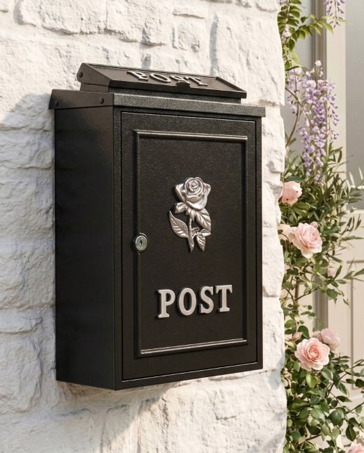 Deluxe Bright Chrome "Tudor Rose” Wall Mounted Post Box digital illustration