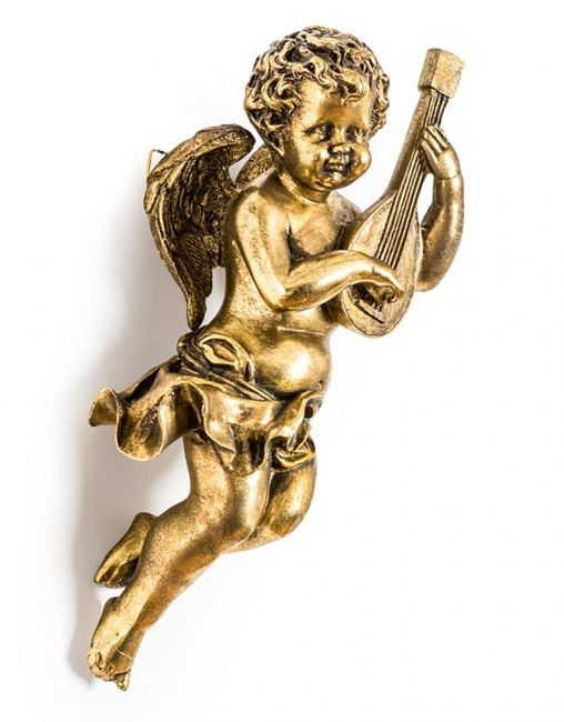 Deluxe Gold-Painted Cherub with Guitar Wall Art Deluxe Gold-Painted Cherub with Guitar Wall Art
