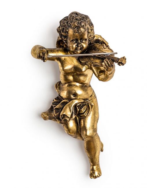 Deluxe Gold-Painted Cherub with Violin Wall Art Deluxe Gold-Painted Cherub with Violin Wall Art