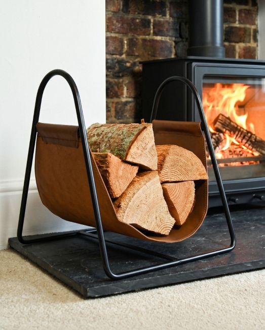 Black Steel & Brown Leather Log Holder Black Steel & Brown Leather Log Holder