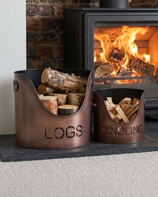 Set of two LOGS and KINDLING buckets in antique brushed copper Set of two LOGS and KINDLING buckets in antique brushed copper