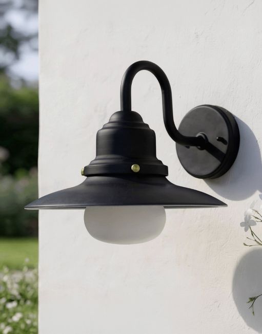 Digital Illustration kof the Black Contemporary Outdoor Fishermans Wall Light Mounted on a White Garden wall on a Sunny Day