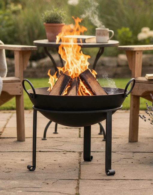 Digital Illustration of the "Agni" Iron Kadai Fire Bowl Lit on a Garden Patio