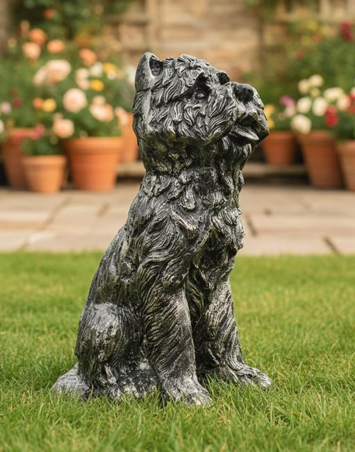 Digital Illustration of "Buddy" Yorkshire Terrier Sculpture on a Garden Lawn