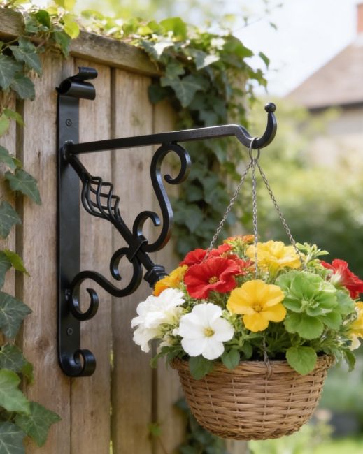 Digital illustration of "Cupid"s Arrow" Blacksmith Iron Hanging Bracket mounted on garden fence