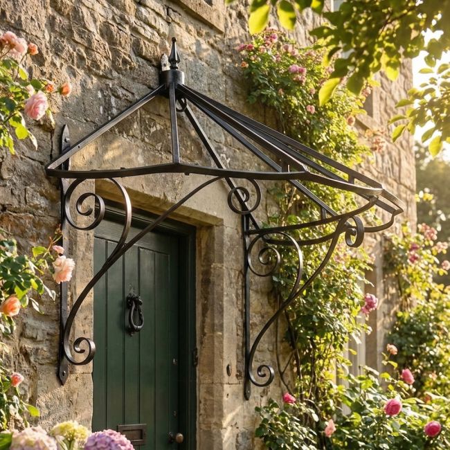 Digital illustration of "Honeysuckle Cottage" Wrought Iron Door Canopy in black full view over a green door