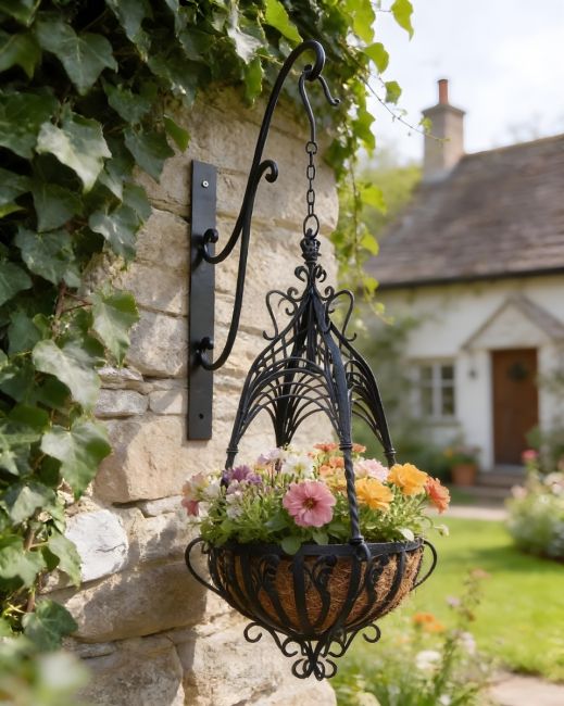 Digital illustration of "Loredale Manor" Black Ornate Hanging Basket in front of stone cottage