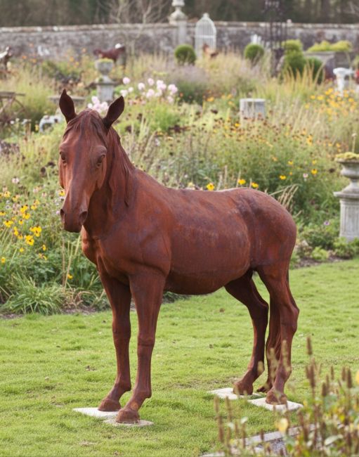 Digital illustration of "Marenco Ranch" Lifesize Cast Iron Horse Sculpture in a manor garden