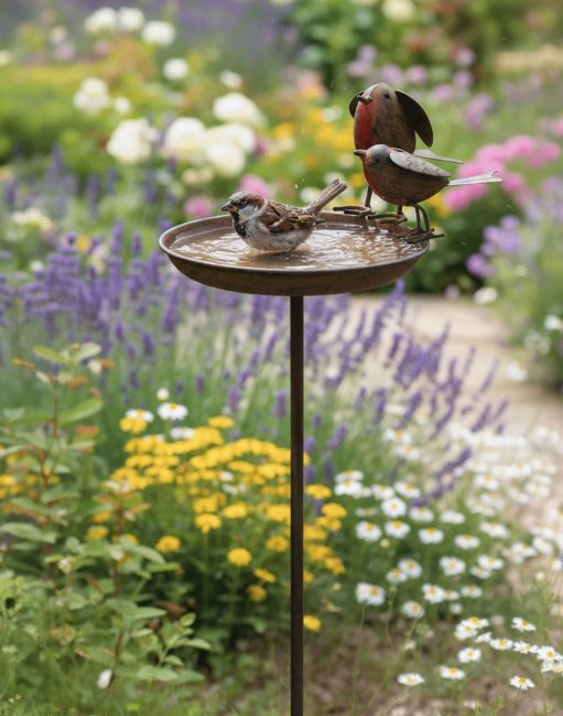 Digital Illustration of "Pair of Robins" Bird Bath Spike in a Floral Garden Filled with Fresh Water with a Sparrow Bathing in Bird Bath