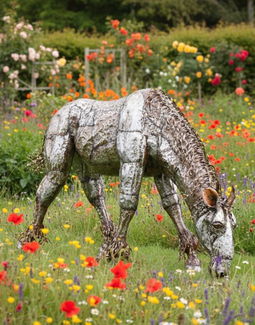 Digital illustration of "Sea Biscuit" Iron Drinking Horse Garden Sculpture in flowery garden