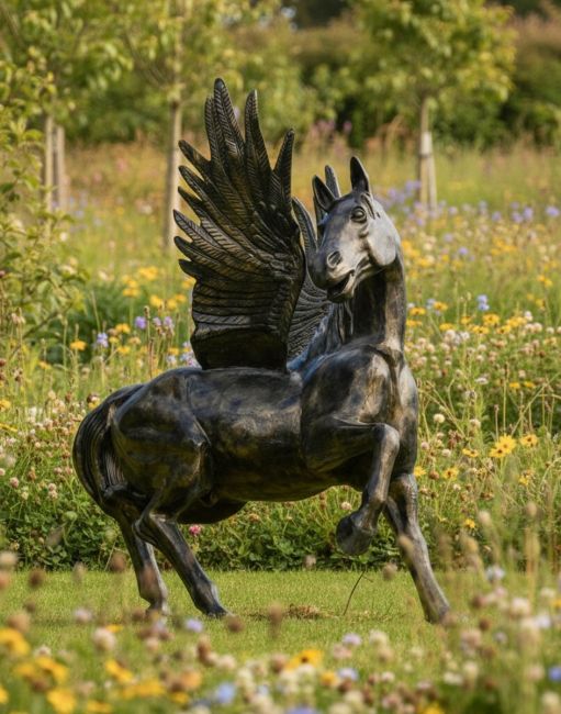 Digital illustration of "Starlite" Pegasus Sculpture side view in garden