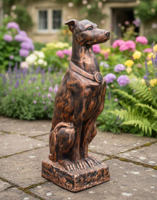 Digital Illustration of a Copper Finished "Rocket" the Sitting Greyhound in Cast Aluminium 