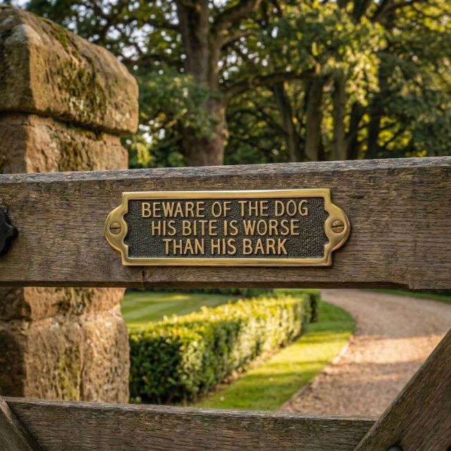 Digital Illustration of a Gate Sign with the Message of Beware of the Dog his Bite is Worse than his Bark Placed on a Driveway Gate