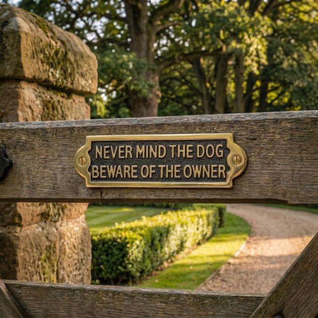 Digital Illustration of a Gate Sign with the Message of Never Mind the Dog Beware of the Owner Mounted at the Entranceway of a Drive