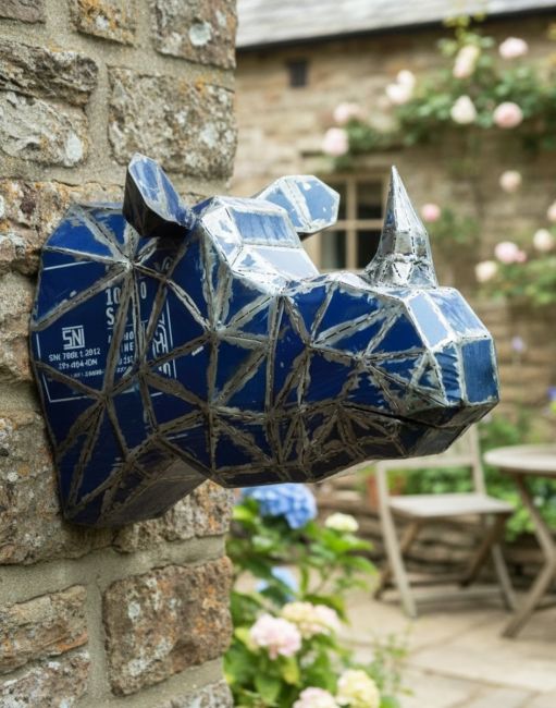 ‘Azure’ the Rhino Head Mount Wall Art mounted on brick wall main image