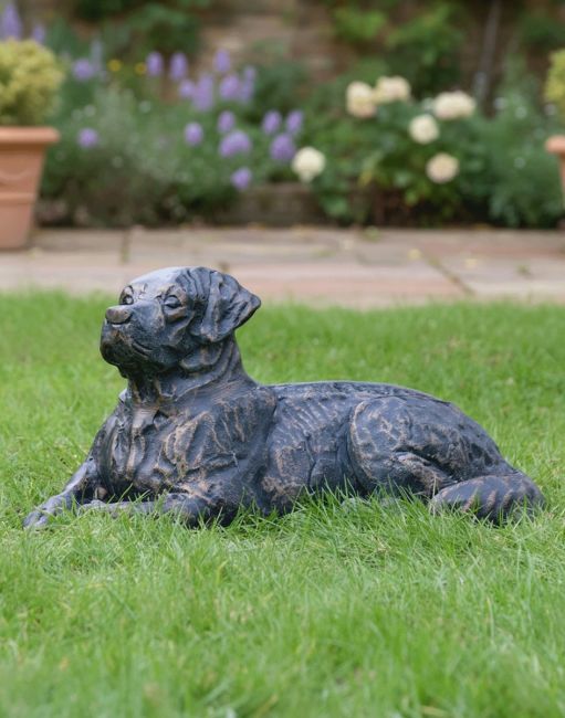 Digital Illustration of "Barney" the Labrador Cast Iron Garden Sculpture on a Grass Lawn in Front of a Patio