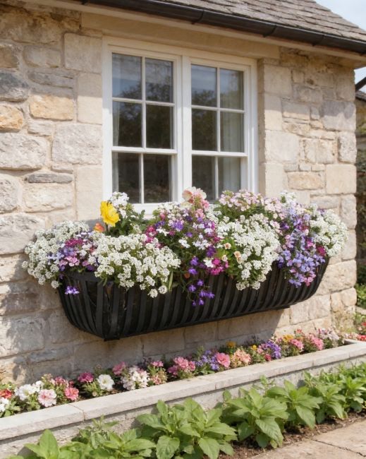 Digital Illustration of the “Beeston” Wall Mounted “Hay feeder” Garden Planter in Situ Mounted on the Side of a Traditional Cottage