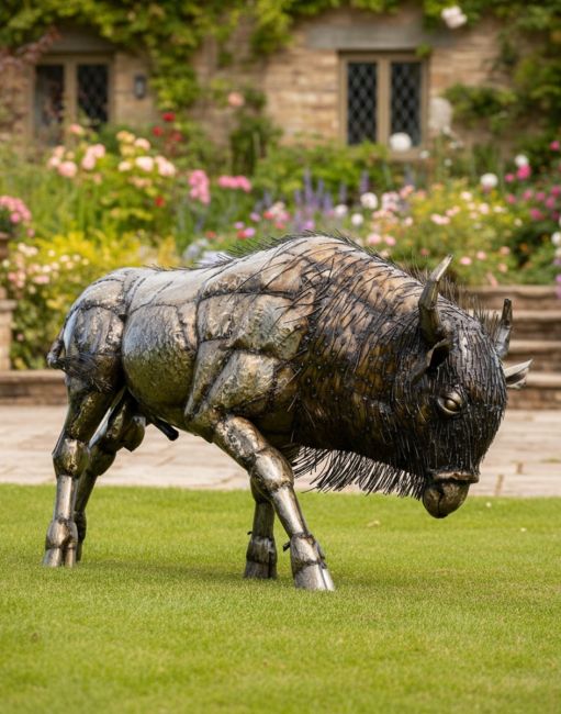 Bison Recycled Metal Sculpture in the Garden