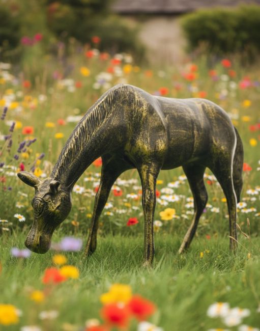 Digital illustration of Black and Gold Grazing Foal Garden Sculpture in flowery garden Digital illustration of Black and Gold Grazing Foal Garden Sculpture in flowery garden