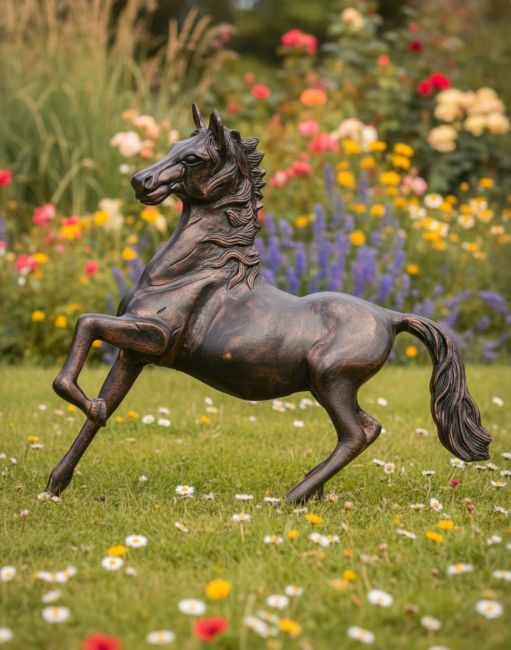 Digital illustration of "Blaze" the Galloping Horse Cast Aluminium Garden Sculpture in a flowery garden