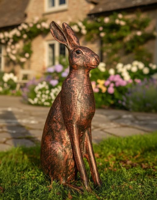 Digital illustration of a Copper ‘Blossom’ the Cast Aluminium Rabbit Garden Sculpture in a Sunset Garden Scene