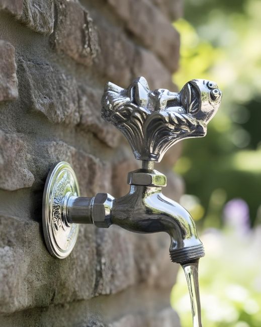 Digital illustration of Bright Chrome Toad In The Hole Garden Tap mounted on a stone wall with water flowing out of tap