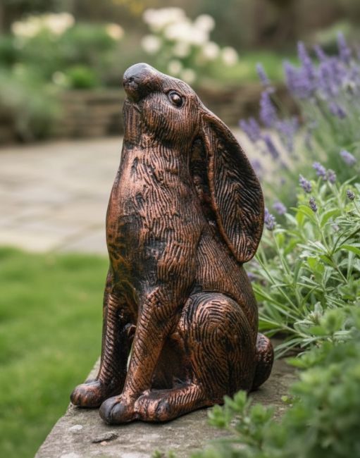 Digital illustration of a Bronze Stargazing Rabbit Cast Aluminium Garden Sculpture in a Rustic Garden