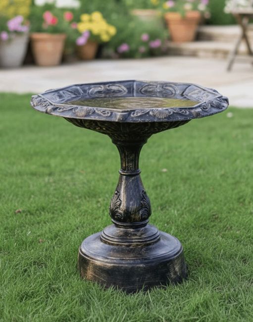Digital Illustration of Brushed Gold "Doric" Bird Bath in Front of a Floral Garden Patio