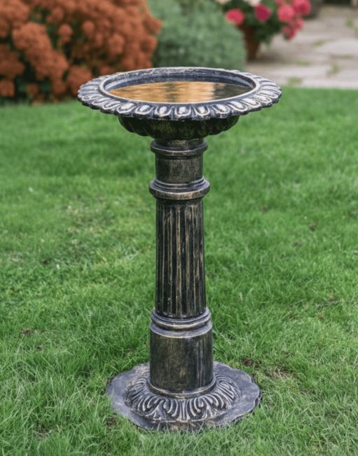 Digital Illustration of Brushed Gold "Fons" Bird Bath on aLush Green Garden Lawn