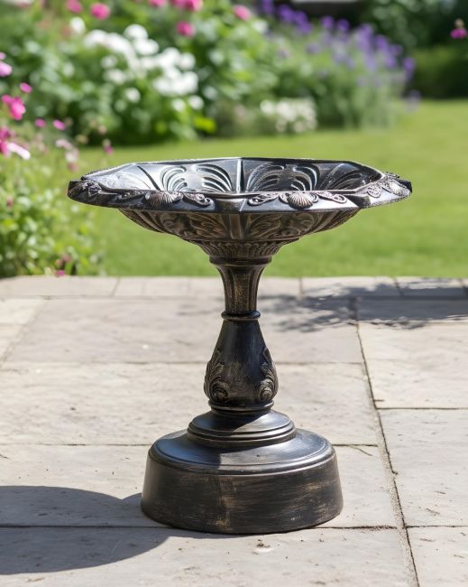 Digital illustration of Brushed Gold "Plumis" Bird Bath on sunny patio garden