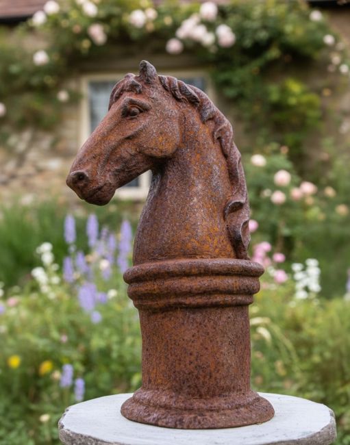 Digital illustration of Cast Iron Horse Head Bust in a cottage garden Digital illustration of Cast Iron Horse Head Bust in a cottage garden