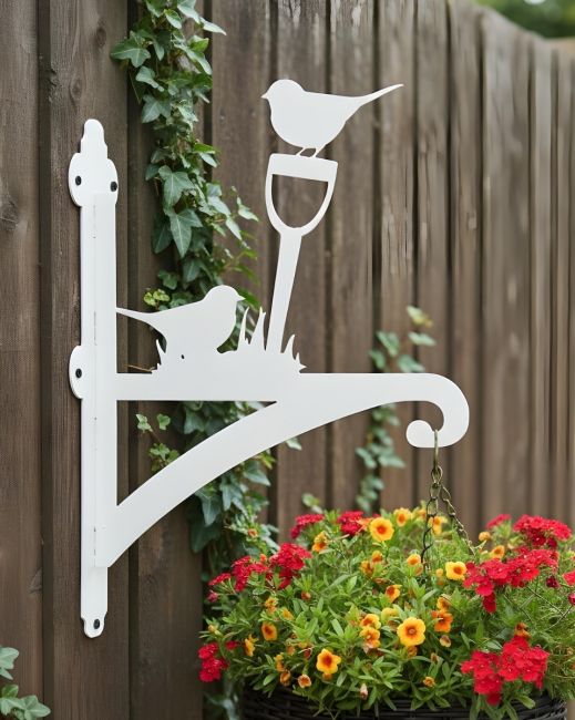 Digital Illustration of the Cream Robin Iron Hanging Basket Bracket Mounted on a Fence Digital Illustration of the Cream Robin Iron Hanging Basket Bracket Mounted on a Fence